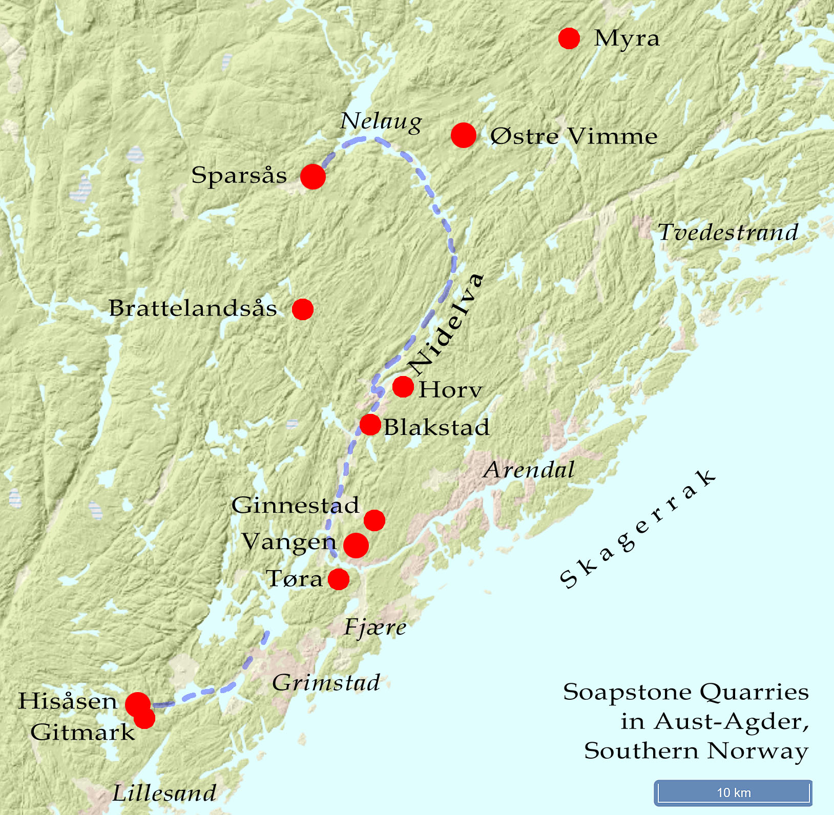 Overview of soapstone quarries in Aust-Agder. Map based on Kulturminnesøk and NGU's mineral resource database.