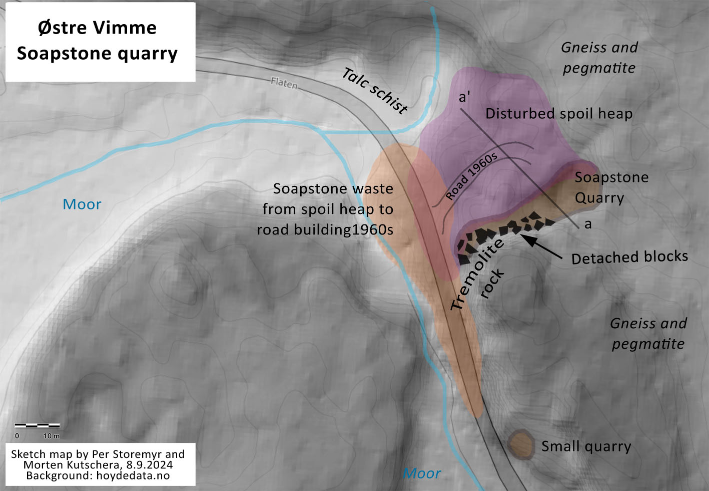 Sketch map of the quarry and its near surroundings, by PS and Morten Kutschera 2024