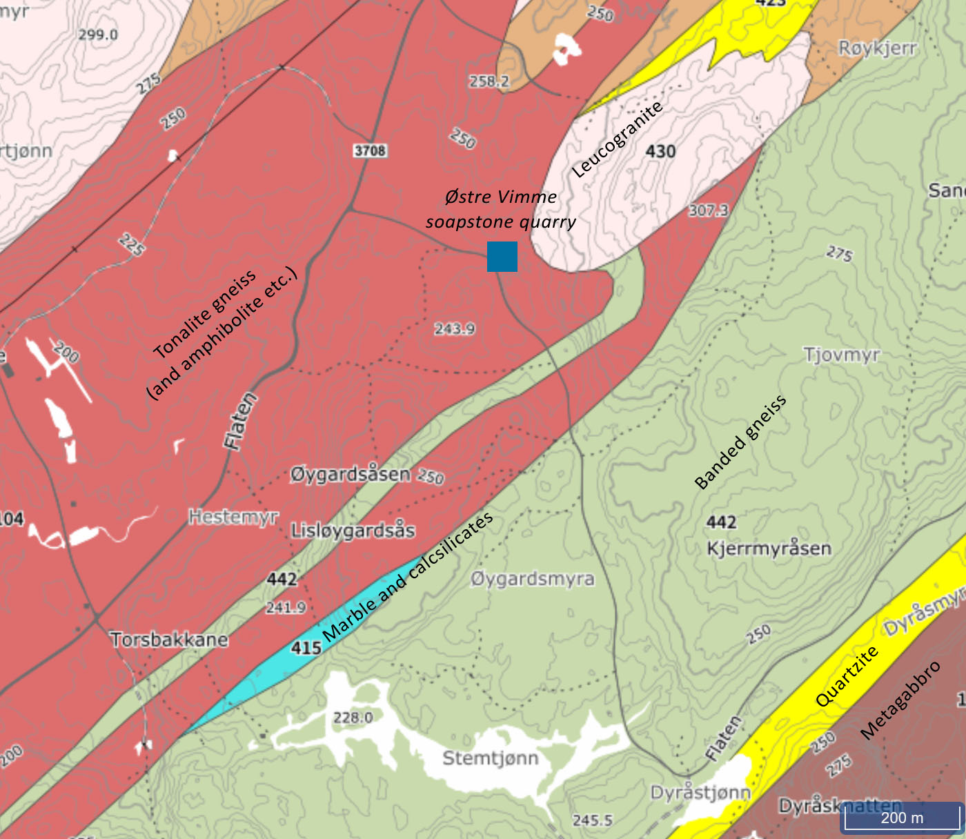 Simplified geological map from the Geological Survey of Norway Rock unit characterization partly from Moree & Nijland (1996)