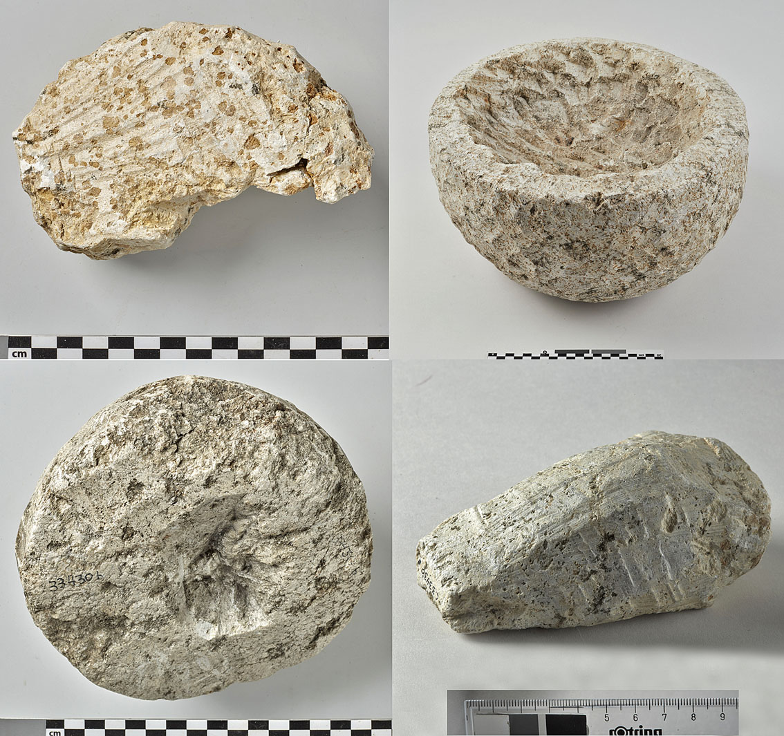 Selection of objects found in the Østre Vimme spoil heap. Note the light colour of the soft soapstone an the rust-coloured spots. Photos by Kulturhistorisk Museum, UiO, in digitaltmuseum.no, where more detailed descriptions can be found.