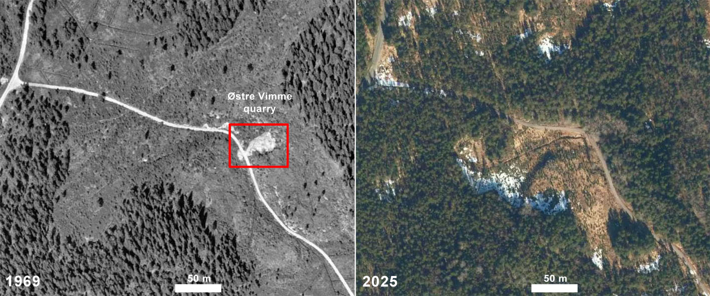 The spoil heap of the Sparsås quarry was used for road building in the late 1960s. Here are aerial photos of the situation in 1969 and 2025. Source: norgeibilder.no