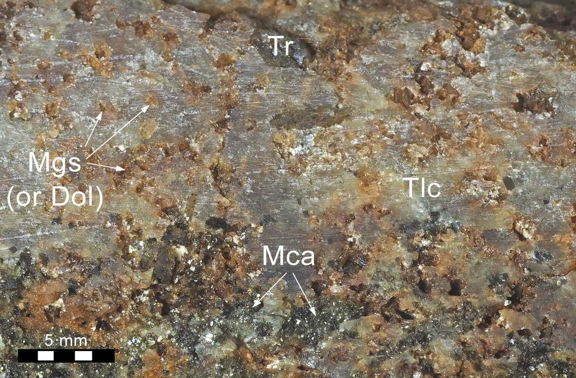 Soapstone in the Østre Vimme quarry. Tlc = talc, Mca = mica, Mgs/Dol= magnesite/dolomite. Note the brown rust colour associated with the carbonates. Photo by PS