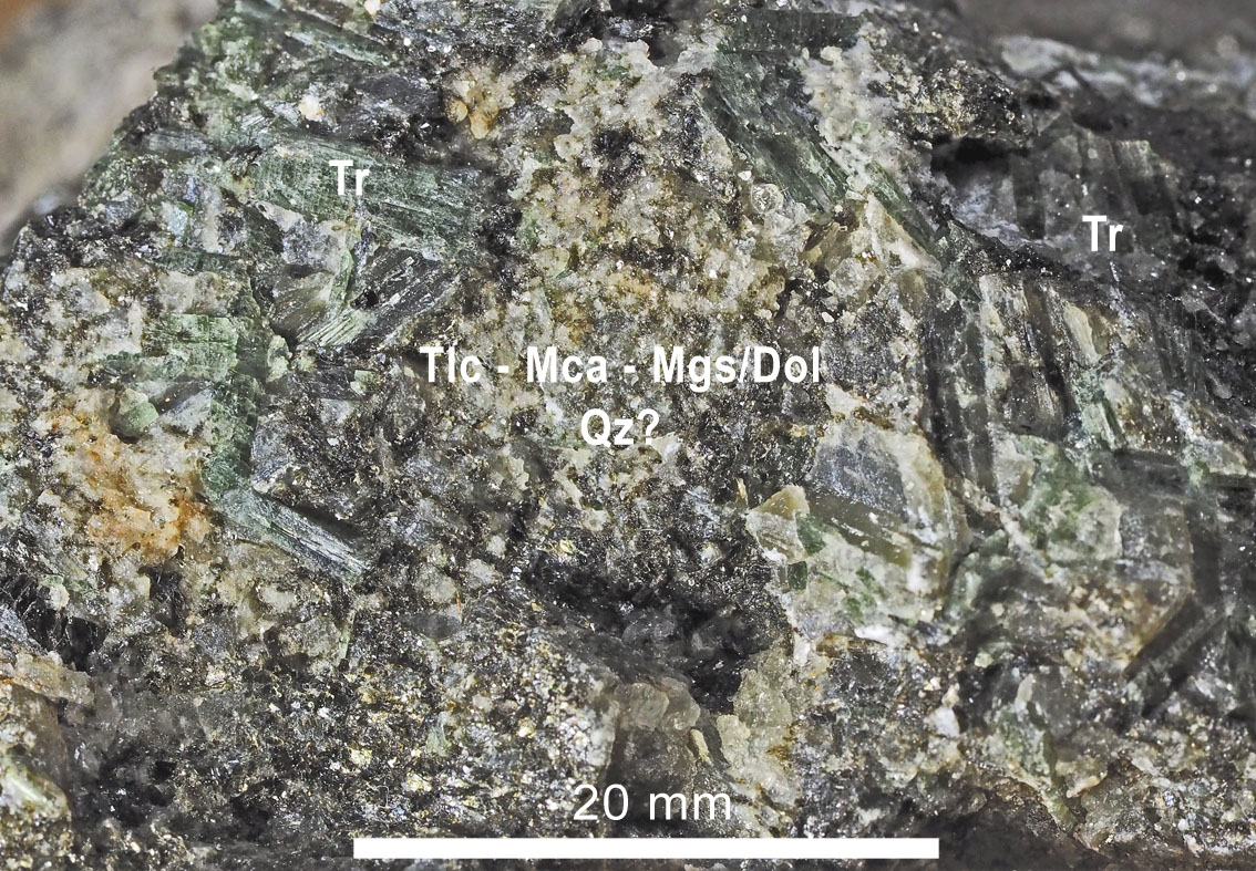Talc-tremolite rock in the Østre Vimme quarry. Tlc = talc, Mca = mica, Mgs/Dol= magnesite/dolomite, Qz=quartz. Photo by PS