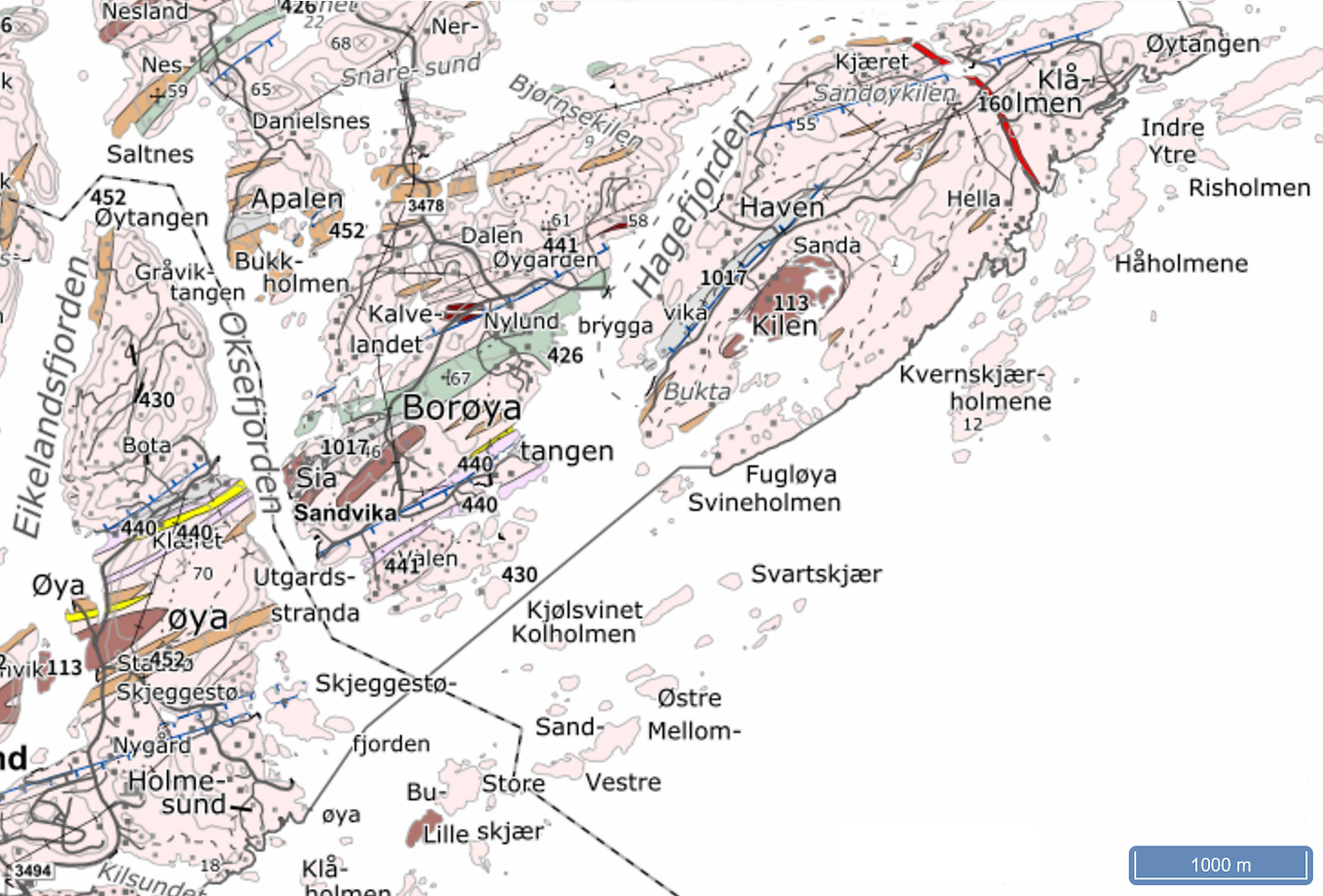 Geologisk kart over øylandskapet utenfor Borøya og Sandøya. Rosa=granittisk gneis, brunt=gabbro, lysebrunt=amfibolitt, rødt=pegmatitt. Kilde: NGU