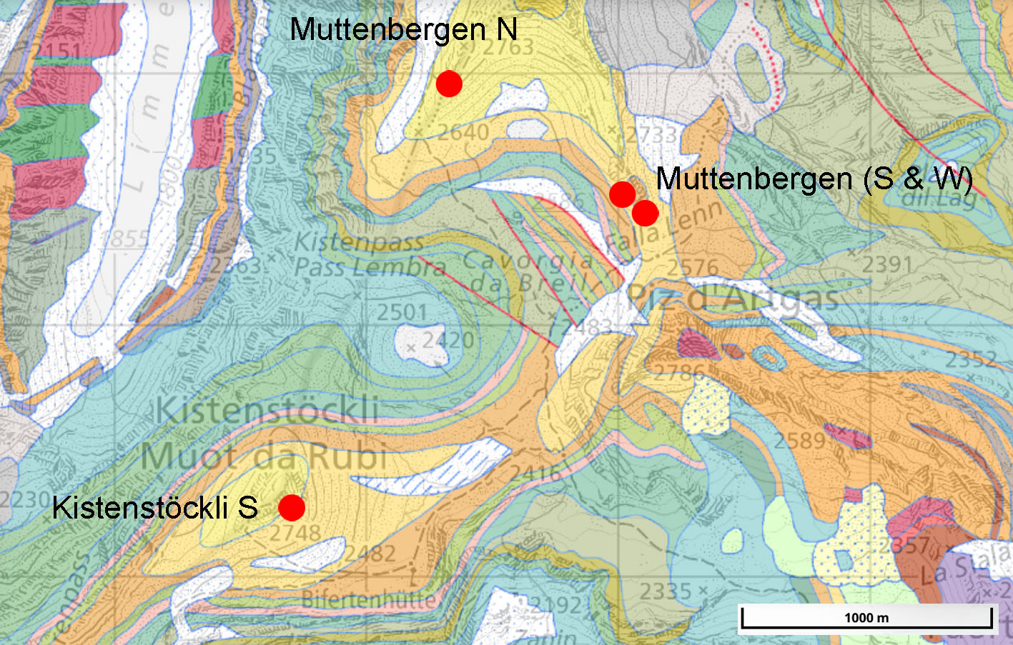 Detailed geological map with main observation spots (red dots). Yellow and orange colours indicate mainly Tertiary deposits. Source: https://map.geo.admin.ch