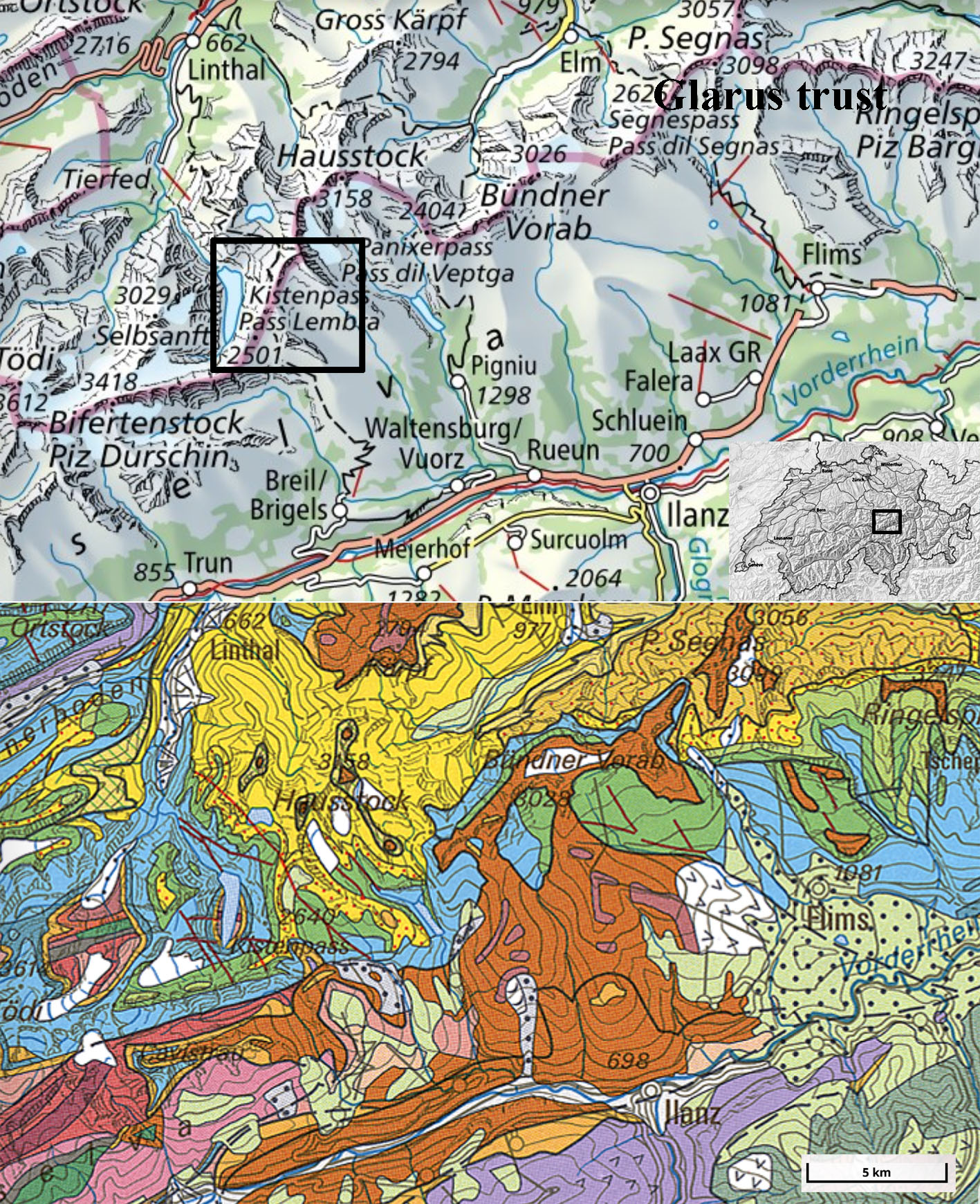 Topographical and geological map,s with study area indicated (rectangle) On the geological map, yellow colours show flysch and shale, blue are limestones, and brown is verrucano. Source: https://map.geo.admin.ch