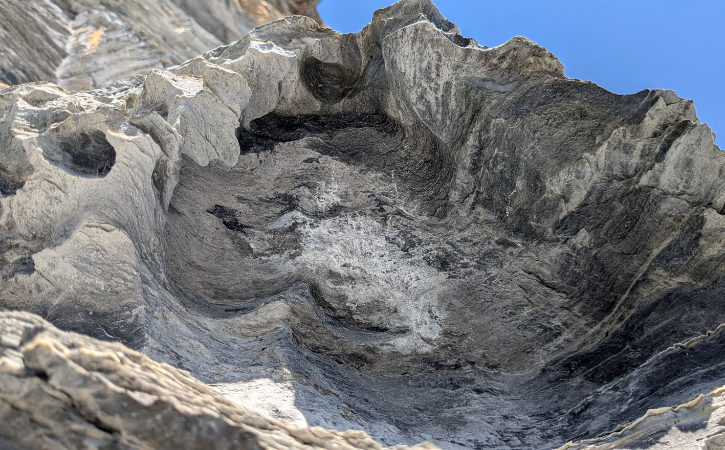 Salt efflorescence within a tafoni hole the size of a 2-3 human heads. (Muttenbergen S). Photo by PS